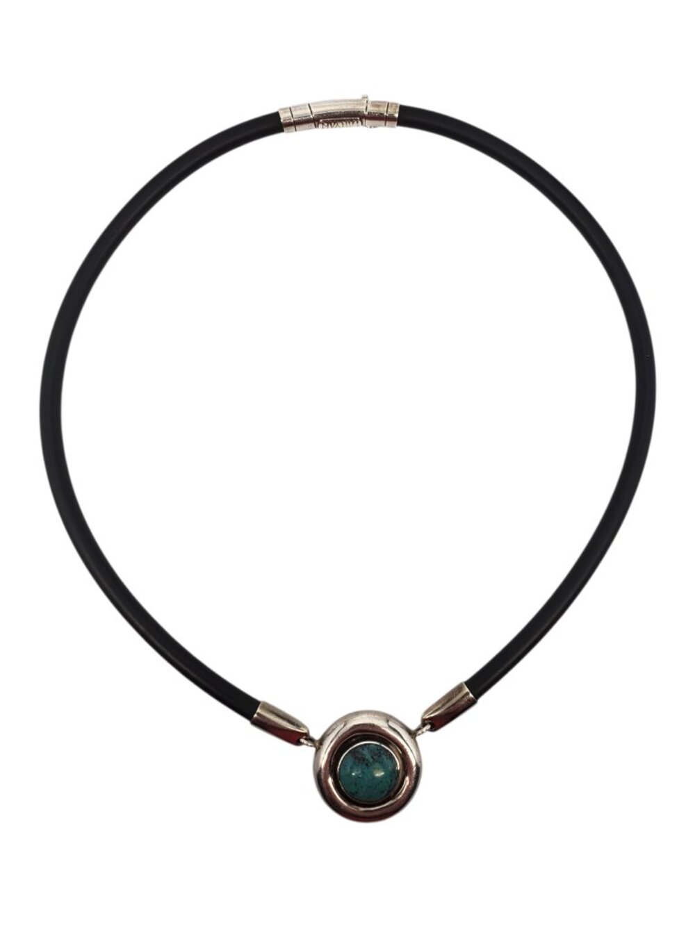 Yanvan Sterling Silver Turquoise Pendant Necklace On Rubber Cord #24714